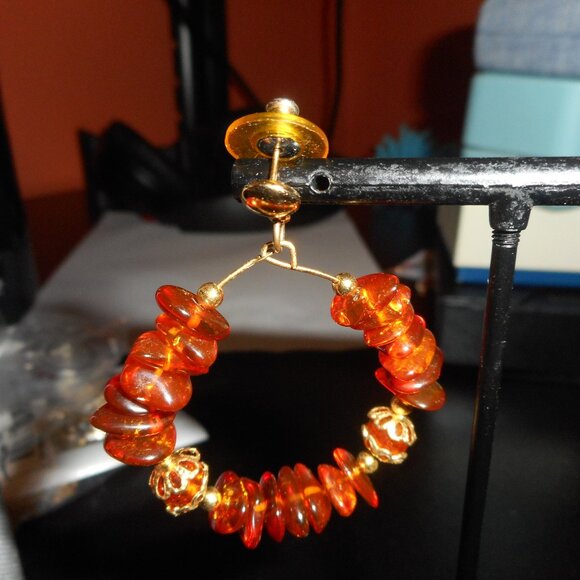 EARRINGS - 1 pair - amber and gold - hoops - Picture 2 of 5
